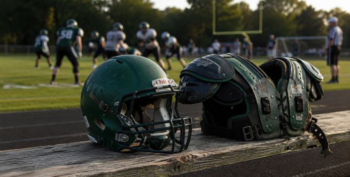 "A football helmet and shoulder pads resting on a bench beside a training camp practice field"