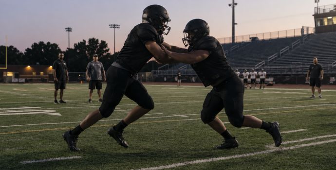 "Two football players in silhouette competing for position during a training camp drill."
