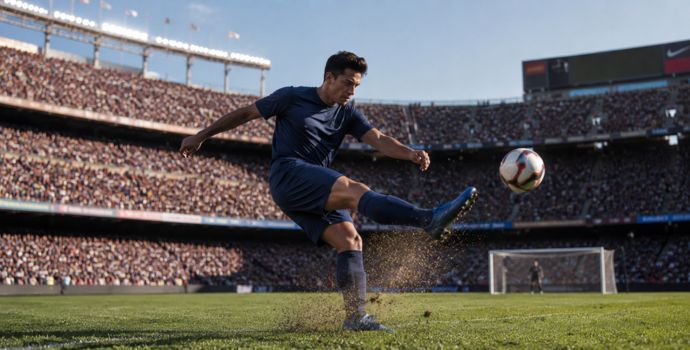 "Soccer player striking the ball toward goal during a sunny afternoon World Cup group stage match"