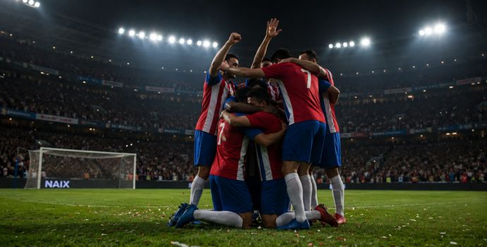 "Players in red, white, and blue kits celebrating a goal under stadium lights during a historic World Cup knockout win"