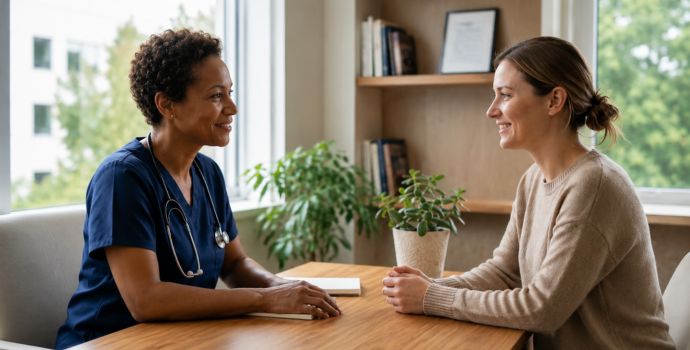"Doctor and patient having a calm consultation, representing when facial puffiness symptoms warrant a medical visit"