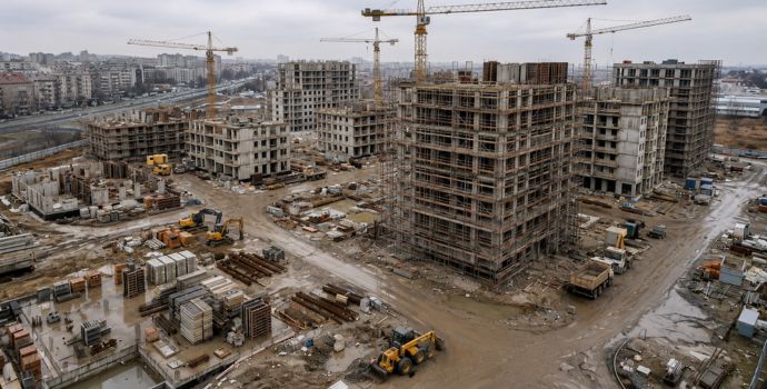 "Idle cranes and unfinished apartment blocks illustrating China's collapse in real estate investment"