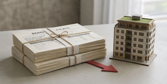 "Stacked bond documents beside a model apartment building symbolizing developer debt defaults"