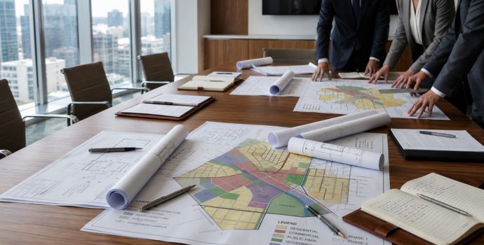 Blueprints and city planning maps on a conference table representing Beijing's property policy response"