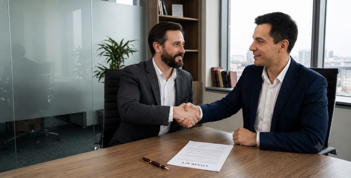 "Illustration of two people shaking hands over a contract, with a thought bubble showing an org chart representing the decision-maker"
