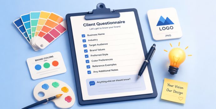 "Isometric illustration of a clipboard checklist surrounded by icons for brand colors, logo files, and ideas"