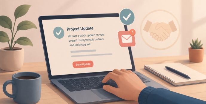 "Illustration of a hand typing on a laptop with a checkmark and email icon, symbolizing written confirmation of client agreements"
