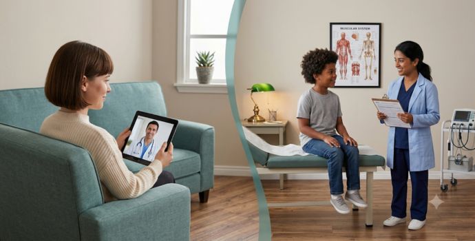 "Illustration comparing a telehealth video call and an in-person doctor visit side by side"