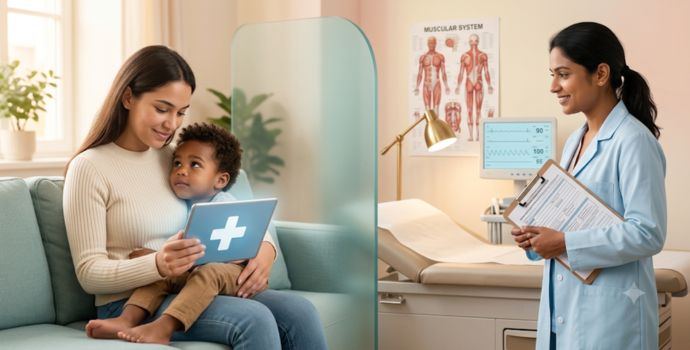 "A parent holding a child while checking a health app on a tablet for medical advice"