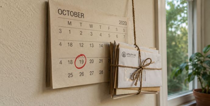 Calendar with a circled due date next to a stack of unopened bills, symbolizing missed student loan payments leading to default
