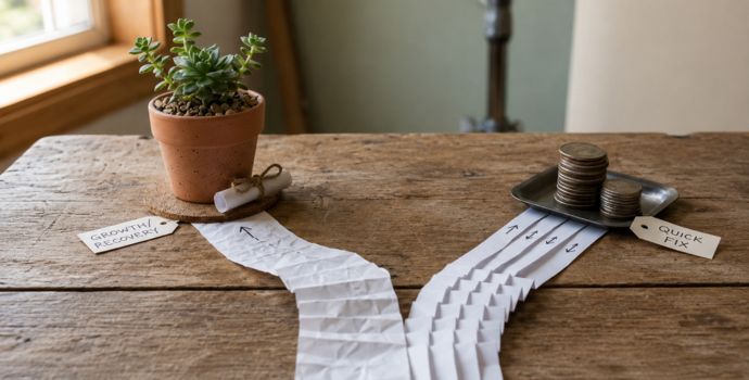 Two diverging paper paths, one toward a small plant and one toward coins, symbolizing the choice between loan rehabilitation and consolidation