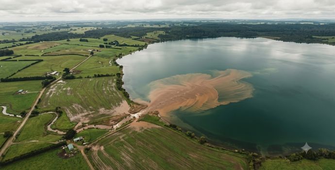 "Aerial view of farm runoff entering a freshwater lake after heavy rain, showing bacterial contamination risk."