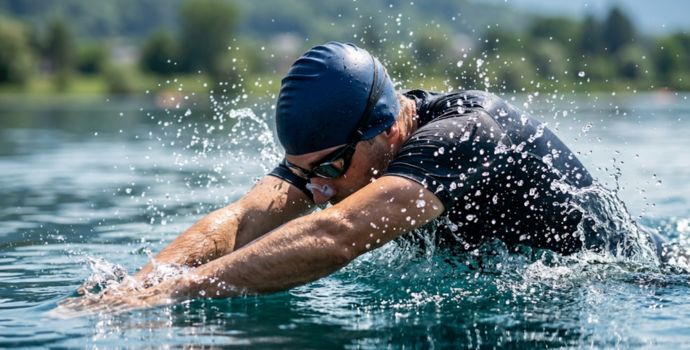 "Swimmer wearing a nose clip and goggles diving into a lake to prevent waterborne infection"