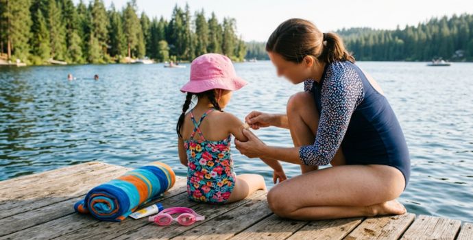 "Parent applying a waterproof bandage to a child before lake swimming to prevent infection"