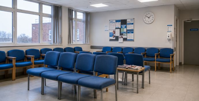 "Empty NHS hospital waiting room with rows of blue chairs and a wall clock, representing long patient wait times"