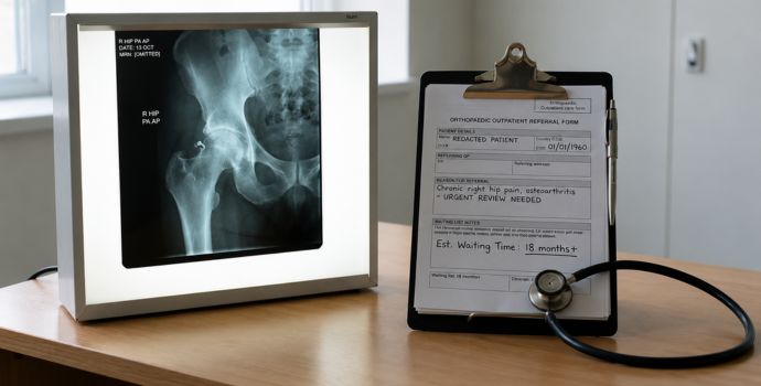 "Hip joint X-ray on a lightbox next to a referral form and stethoscope, illustrating long orthopaedic waiting lists"