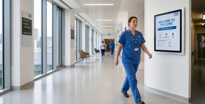 "Nurse walking past a modern digital check-in screen in a bright NHS hospital corridor, symbolizing improved efficiency and reduced wait times"