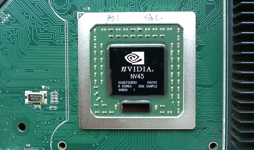 Close-up of an Nvidia GPU chip, the hardware driving Nvidia's record revenue